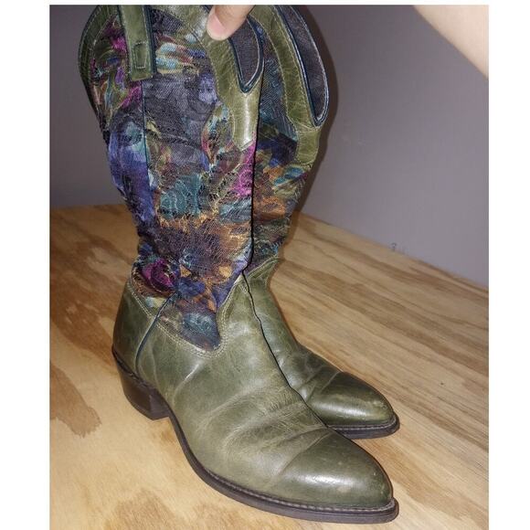 Men's Vintage Capezio Boots Cowboy Western Green Floral Tapestry 9 - Picture 2 of 3